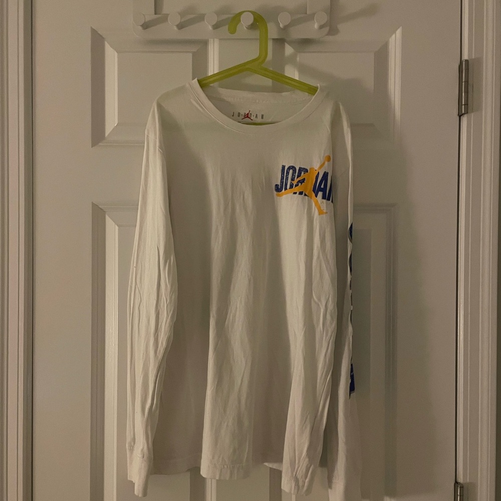 Jordan White Long Sleeve Tee with Blue and Yellow Accents